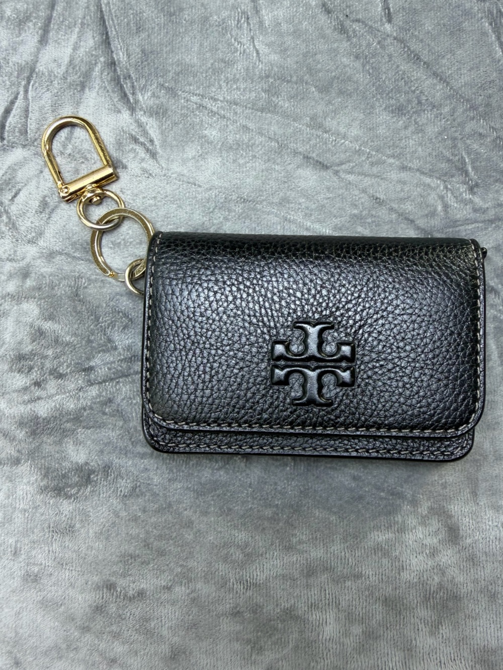 Tory Burch Black Pebbled Leather Key Ring Card Case Wallet | ID Holder Bag Charm